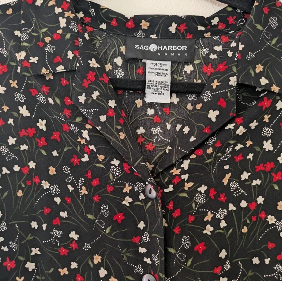 Vintage Sag Harbor Black Floral Button Up Collared Top sz 1X 90s Casual - Picture 5 of 8